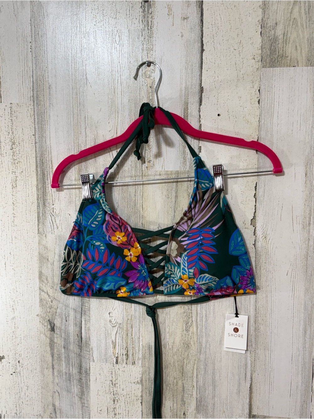 Shade & Shore Dark Green Tropical Lace-Up Bikini Top - Picture 8 of 10